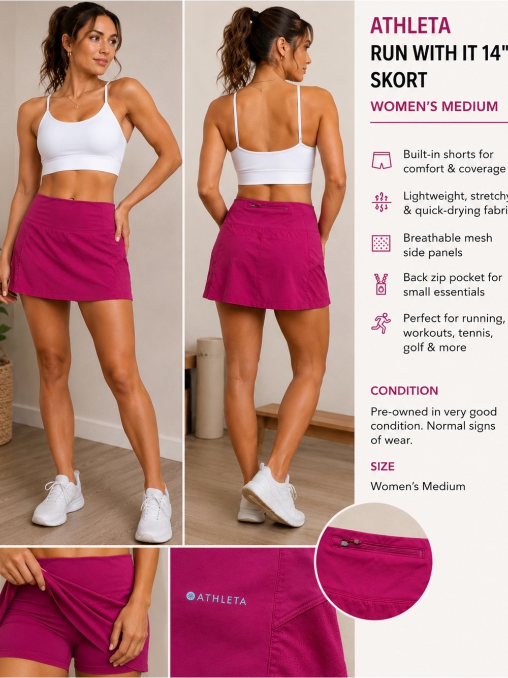 Athleta Run With It 14” Skort Magenta Athletic Running Skirt Women’s M